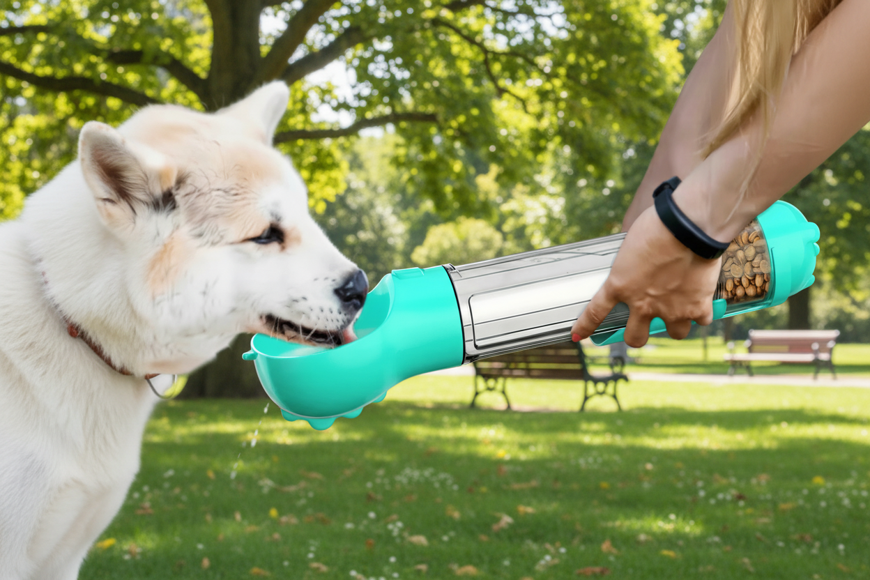 3-in-1 Dog Water Bottle & Food Dispenser – Portable, Leak-Proof Travel Bowl